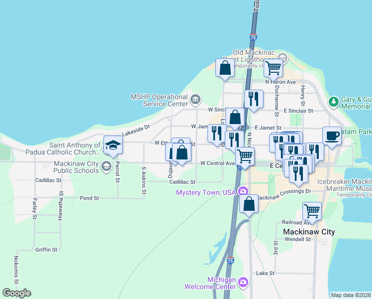 map of restaurants, bars, coffee shops, grocery stores, and more near 300-398 West Etherington Street in Mackinaw City