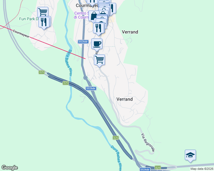 map of restaurants, bars, coffee shops, grocery stores, and more near 81 Via Regionale in Courmayeur