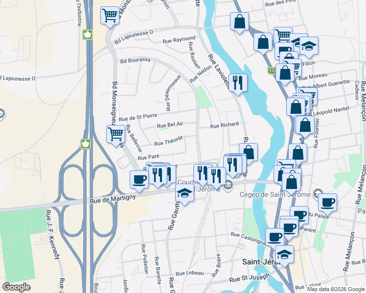 map of restaurants, bars, coffee shops, grocery stores, and more near 140 Rue Paré in Saint-Jérôme