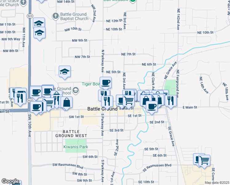 map of restaurants, bars, coffee shops, grocery stores, and more near 101 Northeast 1st Avenue in Battle Ground