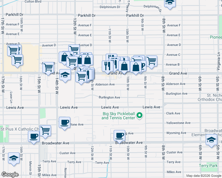 map of restaurants, bars, coffee shops, grocery stores, and more near 1044 Alderson Avenue in Billings