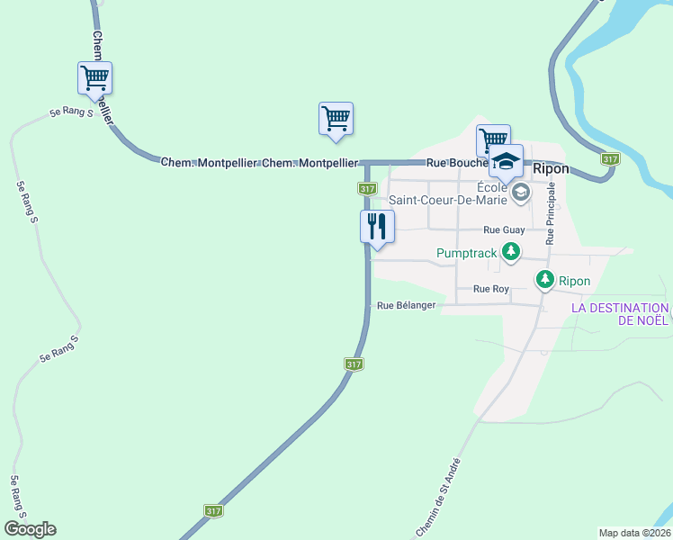 map of restaurants, bars, coffee shops, grocery stores, and more near Québec 317 in Outaouais