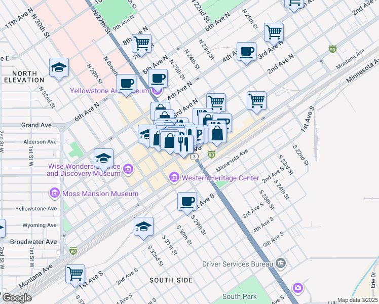 map of restaurants, bars, coffee shops, grocery stores, and more near in Billings