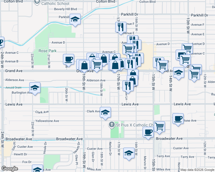 map of restaurants, bars, coffee shops, grocery stores, and more near 1212 Blair Lane in Billings