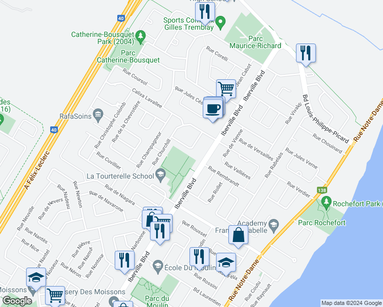 map of restaurants, bars, coffee shops, grocery stores, and more near 40 Rue de Courcelle in Repentigny