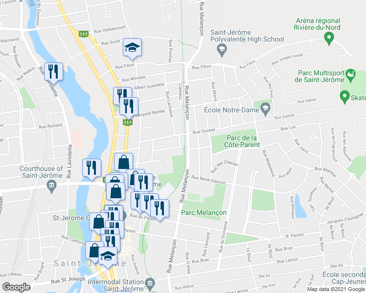 map of restaurants, bars, coffee shops, grocery stores, and more near P'tit Train du Nord in Saint-Jérôme