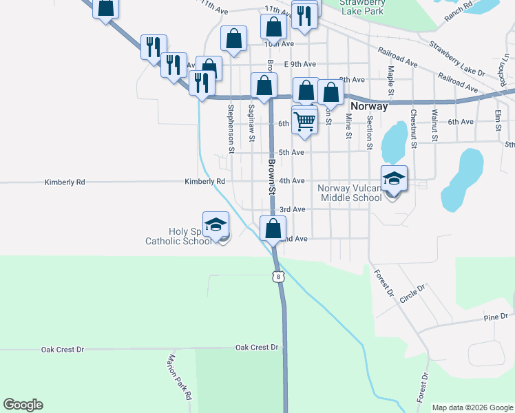 map of restaurants, bars, coffee shops, grocery stores, and more near 300-398 Saginaw Street in Norway