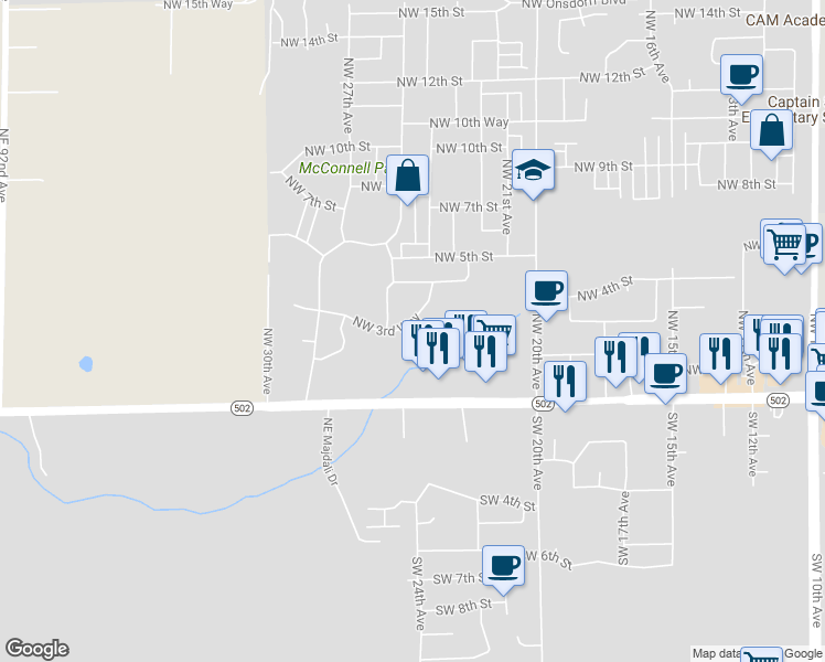 map of restaurants, bars, coffee shops, grocery stores, and more near 2431 Northwest 3rd Way in Battle Ground
