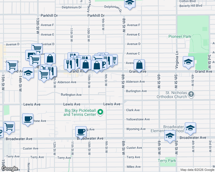 map of restaurants, bars, coffee shops, grocery stores, and more near 901 Alderson Ave in Billings