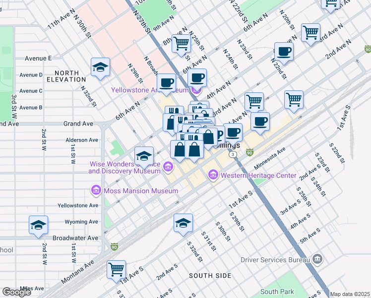 map of restaurants, bars, coffee shops, grocery stores, and more near 219 North 29th Street in Billings