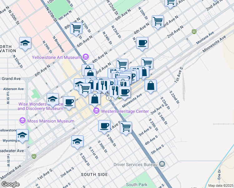 map of restaurants, bars, coffee shops, grocery stores, and more near 2602 1st Avenue North in Billings