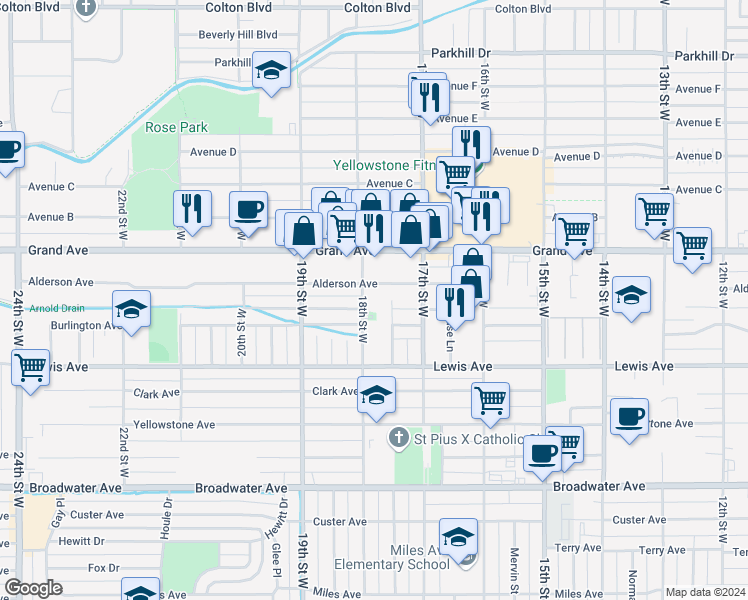 map of restaurants, bars, coffee shops, grocery stores, and more near 1742 Alderson Avenue in Billings