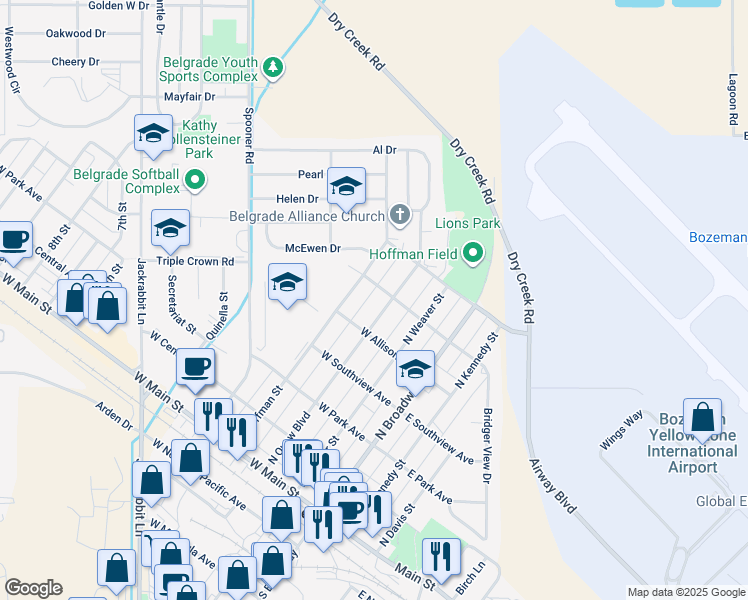 map of restaurants, bars, coffee shops, grocery stores, and more near 202 West Penwell Avenue in Belgrade