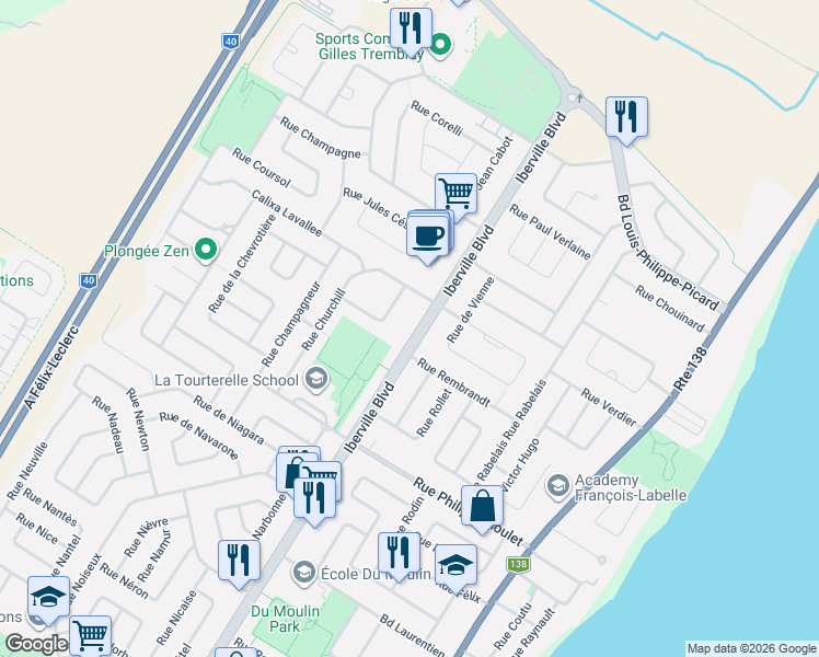 map of restaurants, bars, coffee shops, grocery stores, and more near 1263 Boulevard Iberville in Repentigny