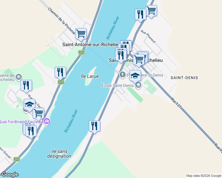 map of restaurants, bars, coffee shops, grocery stores, and more near 653 Chemin des Patriotes in Saint-Denis-sur-Richelieu