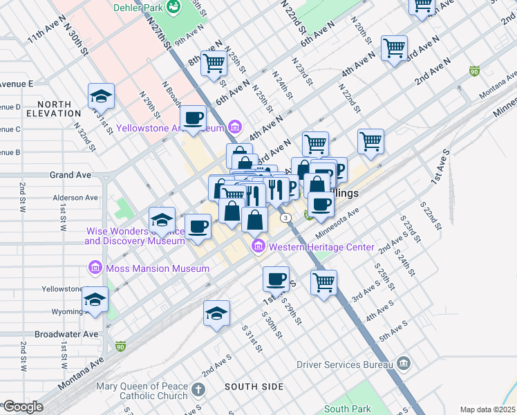 map of restaurants, bars, coffee shops, grocery stores, and more near 109 North Broadway in Billings
