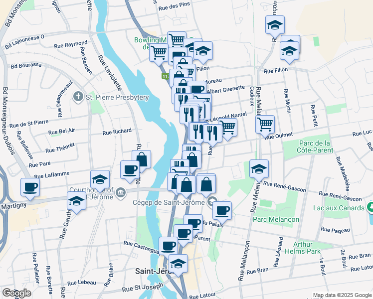 map of restaurants, bars, coffee shops, grocery stores, and more near 579 A Rue Labelle in Saint-Jérôme