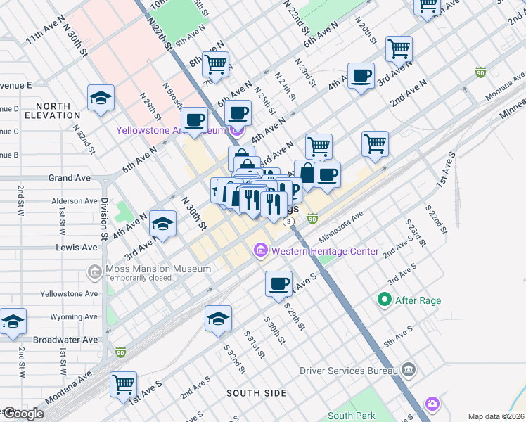 map of restaurants, bars, coffee shops, grocery stores, and more near 113 North Broadway in Billings