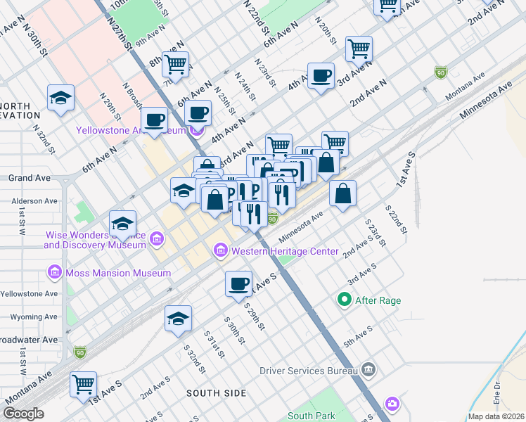 map of restaurants, bars, coffee shops, grocery stores, and more near 15 North 26th Street in Billings
