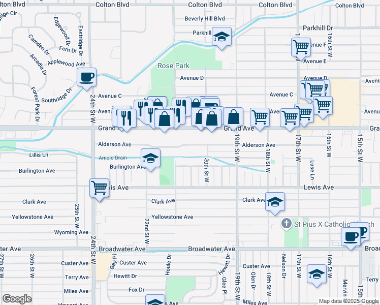 map of restaurants, bars, coffee shops, grocery stores, and more near 2020 Alderson Avenue in Billings