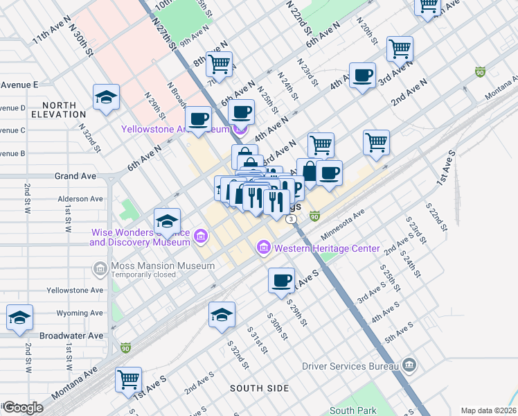 map of restaurants, bars, coffee shops, grocery stores, and more near 119 North Broadway in Billings