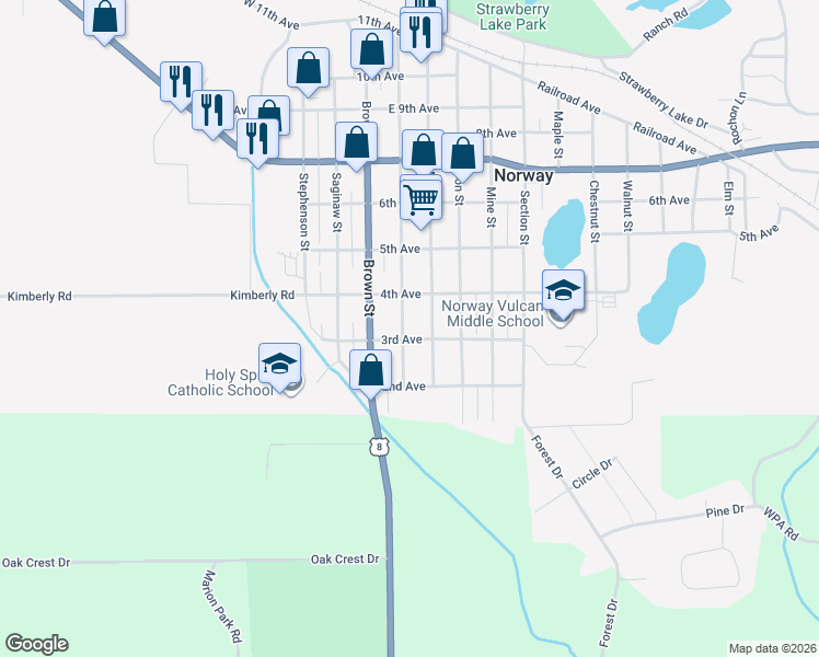 map of restaurants, bars, coffee shops, grocery stores, and more near 301-399 Main Street in Norway