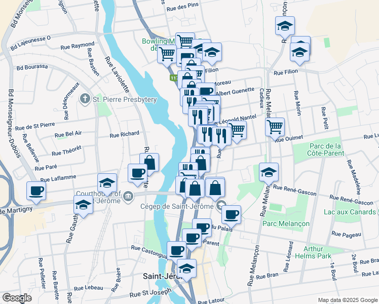 map of restaurants, bars, coffee shops, grocery stores, and more near 579 A Rue Labelle in Saint-Jérôme