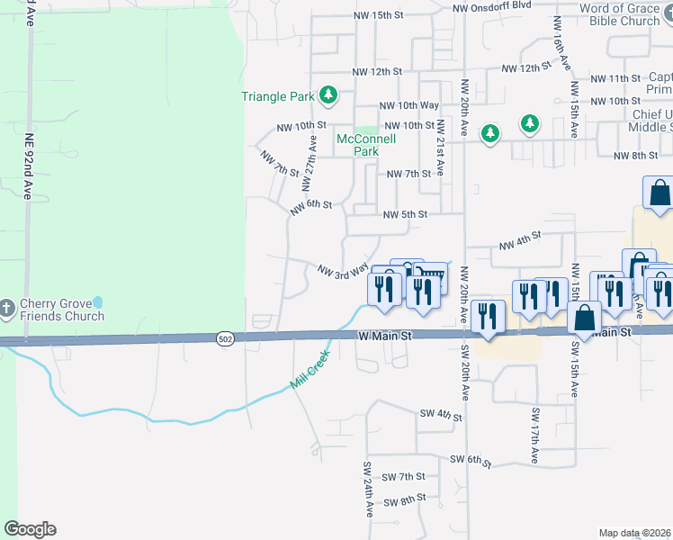 map of restaurants, bars, coffee shops, grocery stores, and more near 2520 Northwest 3rd Way in Battle Ground