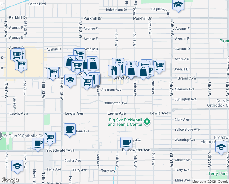 map of restaurants, bars, coffee shops, grocery stores, and more near 1107 Alderson Avenue in Billings