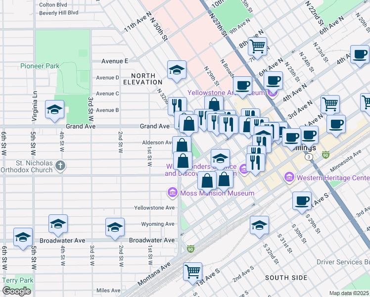map of restaurants, bars, coffee shops, grocery stores, and more near 508 North 32nd Street in Billings
