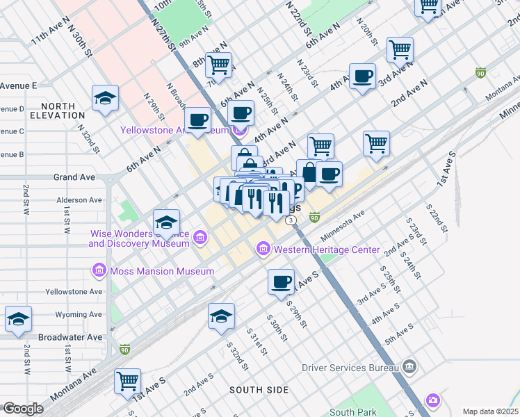 map of restaurants, bars, coffee shops, grocery stores, and more near 113 North Broadway in Billings