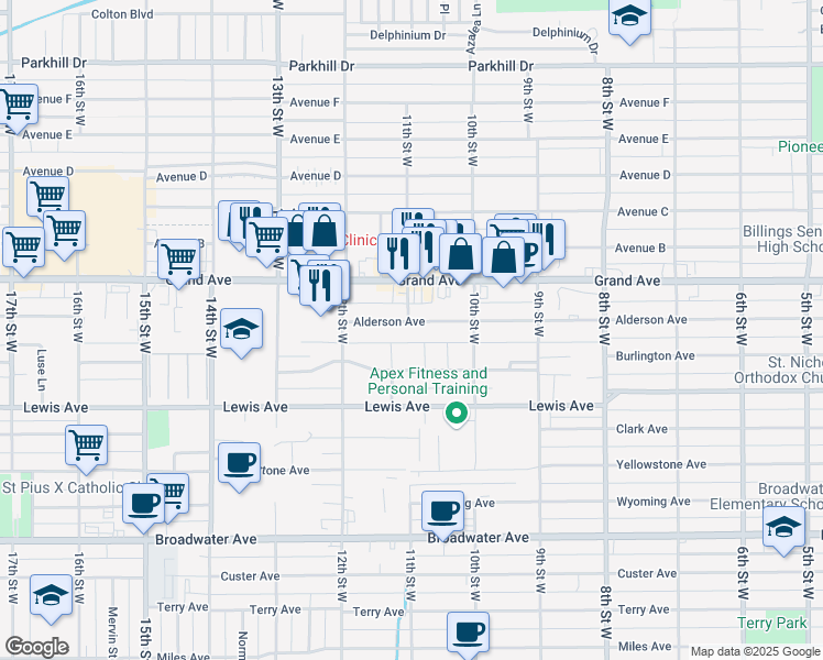 map of restaurants, bars, coffee shops, grocery stores, and more near 1048 Alderson Avenue in Billings