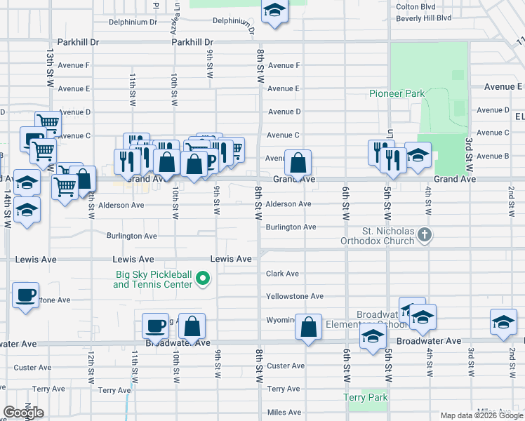 map of restaurants, bars, coffee shops, grocery stores, and more near 743 Alderson Avenue in Billings
