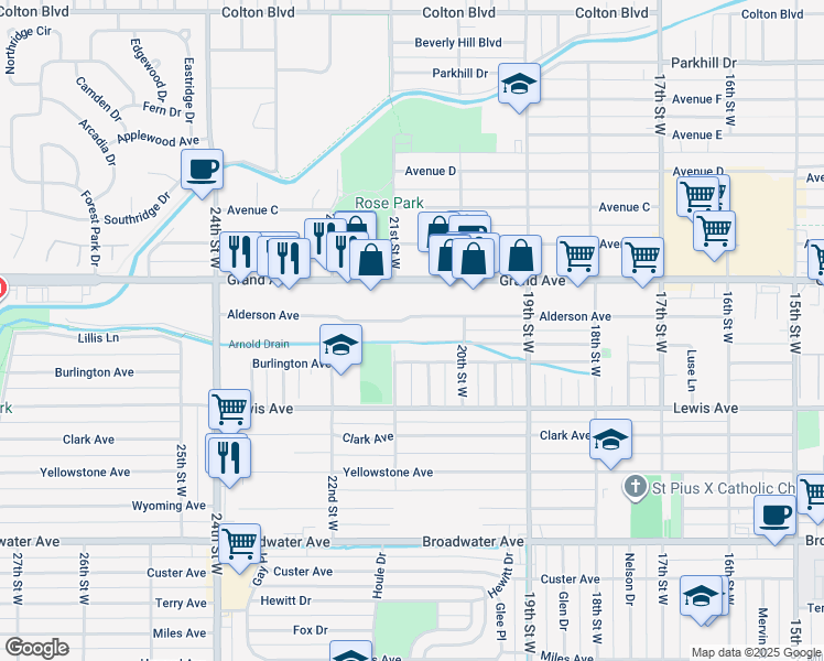 map of restaurants, bars, coffee shops, grocery stores, and more near 2024 Alderson Avenue in Billings