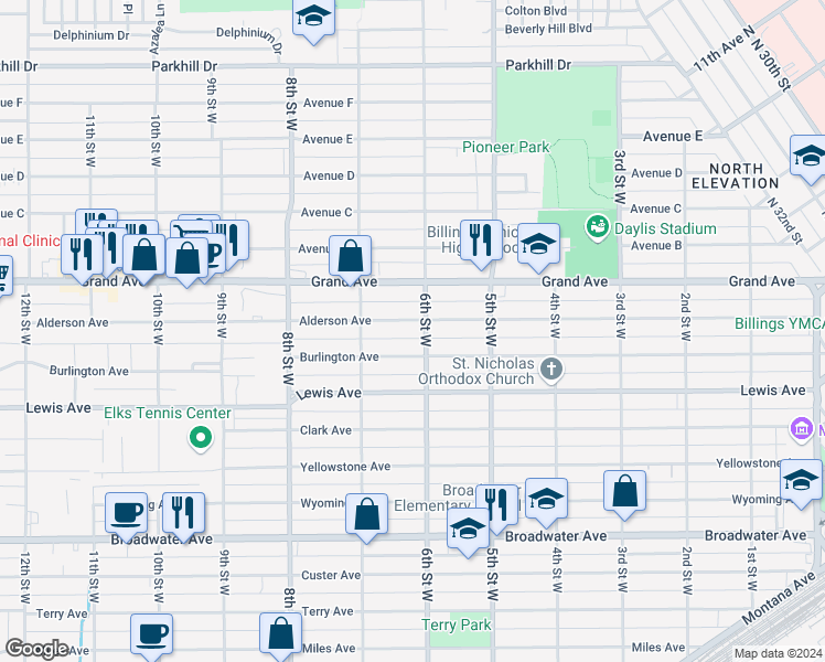 map of restaurants, bars, coffee shops, grocery stores, and more near 610 Alderson Avenue in Billings
