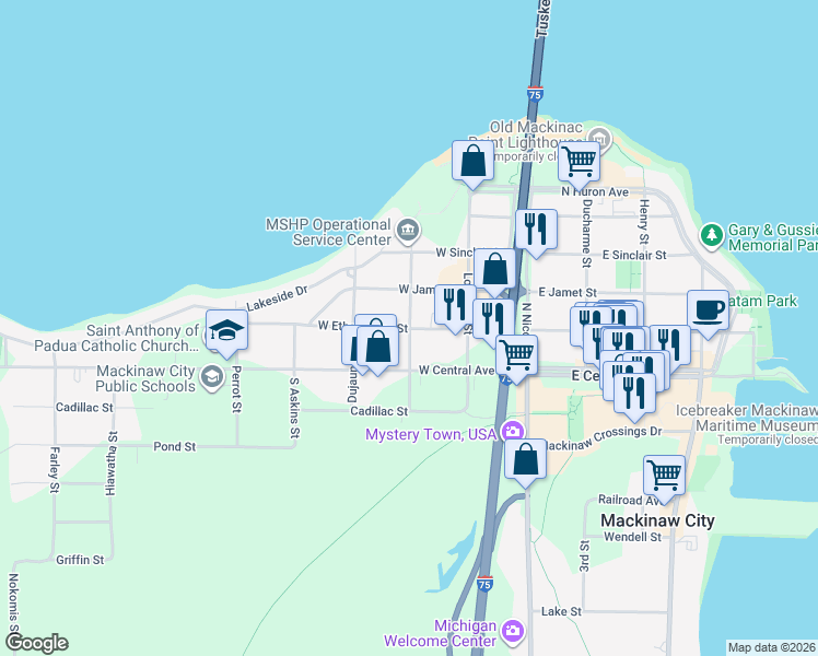 map of restaurants, bars, coffee shops, grocery stores, and more near 300 West Etherington Street in Mackinaw City