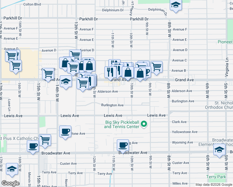 map of restaurants, bars, coffee shops, grocery stores, and more near 1044 Alderson Avenue in Billings