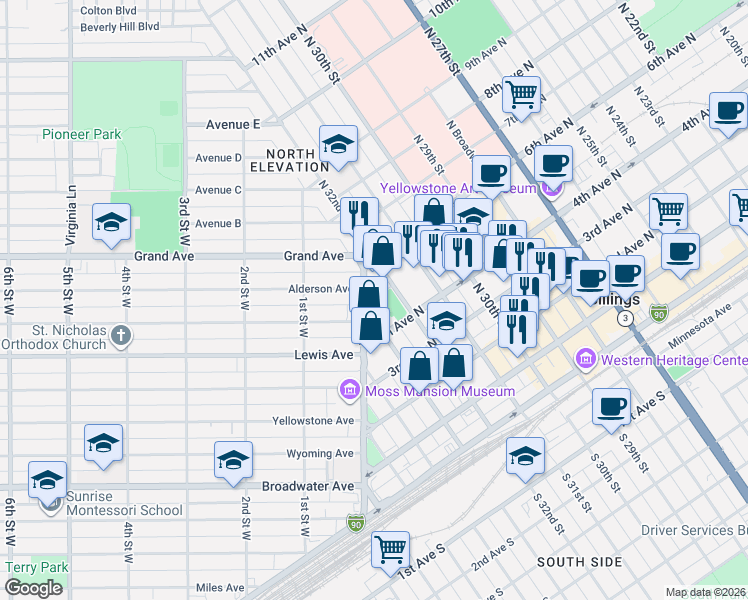 map of restaurants, bars, coffee shops, grocery stores, and more near 429 North 33rd Street in Billings