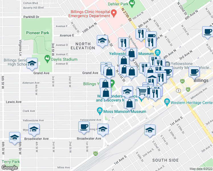 map of restaurants, bars, coffee shops, grocery stores, and more near 508 North 32nd Street in Billings