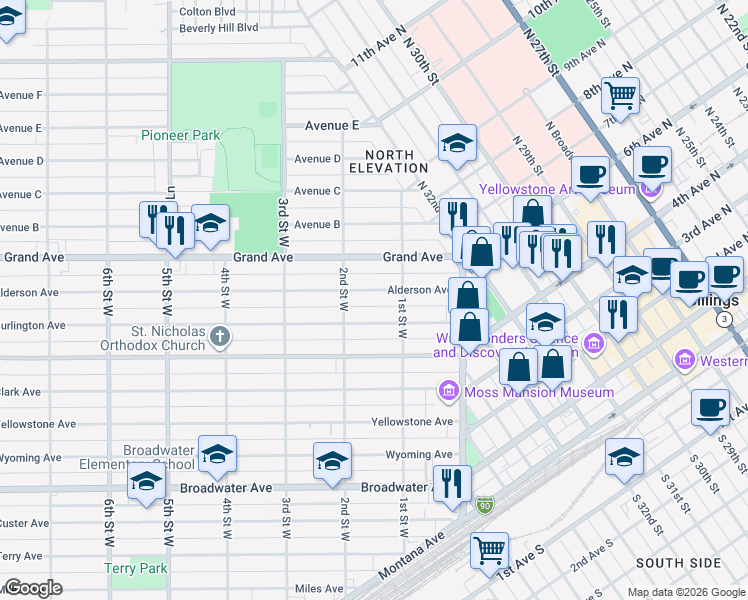 map of restaurants, bars, coffee shops, grocery stores, and more near 126 Alderson Avenue in Billings