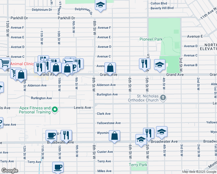 map of restaurants, bars, coffee shops, grocery stores, and more near 721 Alderson Avenue in Billings