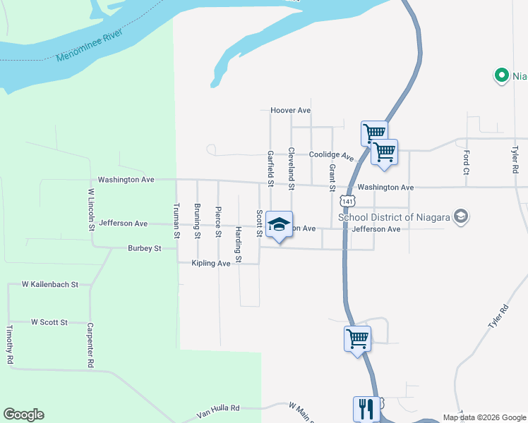 map of restaurants, bars, coffee shops, grocery stores, and more near 1104 Garfield Street in Niagara