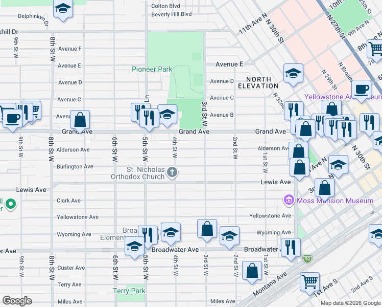 map of restaurants, bars, coffee shops, grocery stores, and more near 308 Alderson Avenue in Billings