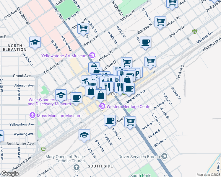 map of restaurants, bars, coffee shops, grocery stores, and more near in Billings