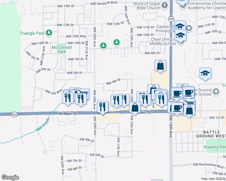 map of restaurants, bars, coffee shops, grocery stores, and more near 2101 Northwest 16th Avenue in Battle Ground
