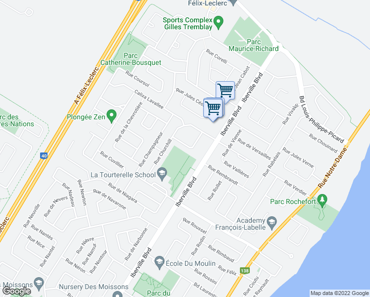 map of restaurants, bars, coffee shops, grocery stores, and more near 54 Rue de Courcelle in Repentigny
