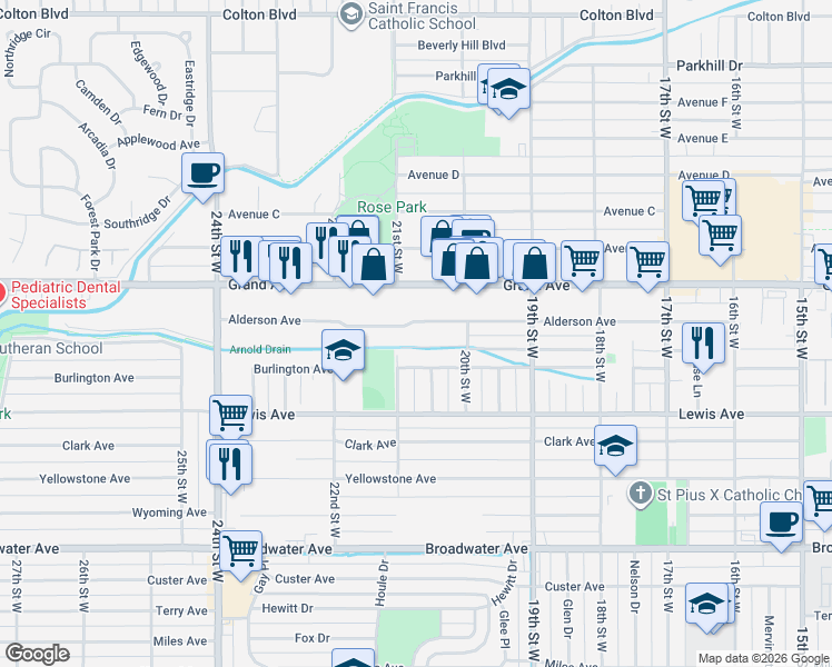 map of restaurants, bars, coffee shops, grocery stores, and more near 2024 Alderson Avenue in Billings