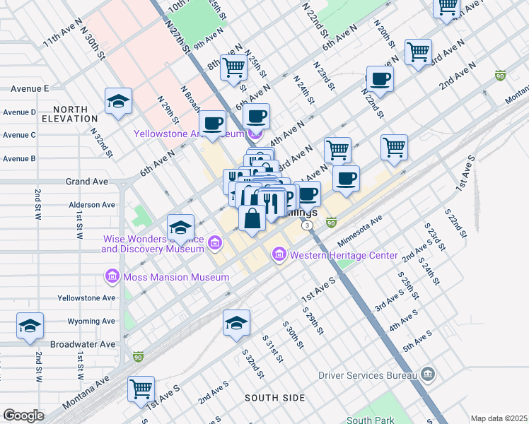 map of restaurants, bars, coffee shops, grocery stores, and more near 206 North Broadway in Billings