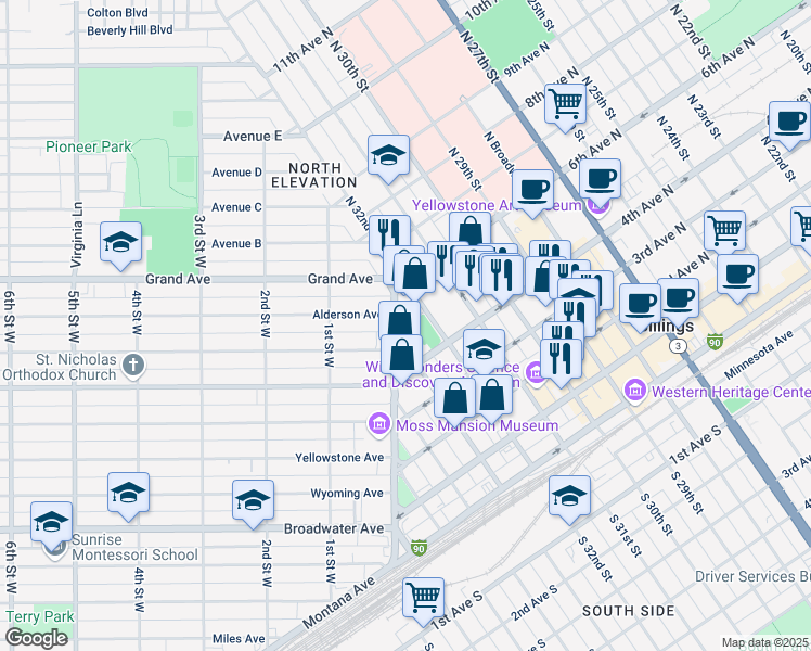 map of restaurants, bars, coffee shops, grocery stores, and more near 508 North 32nd Street in Billings