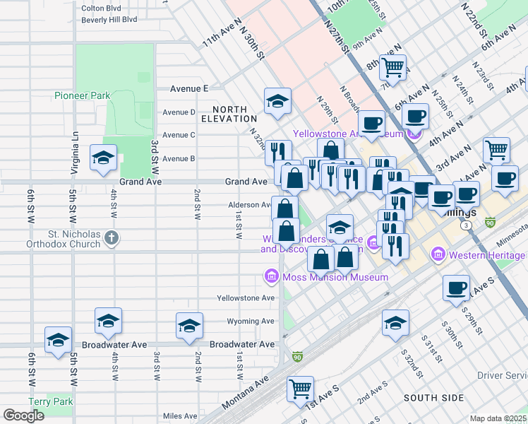 map of restaurants, bars, coffee shops, grocery stores, and more near 10 Alderson Avenue in Billings